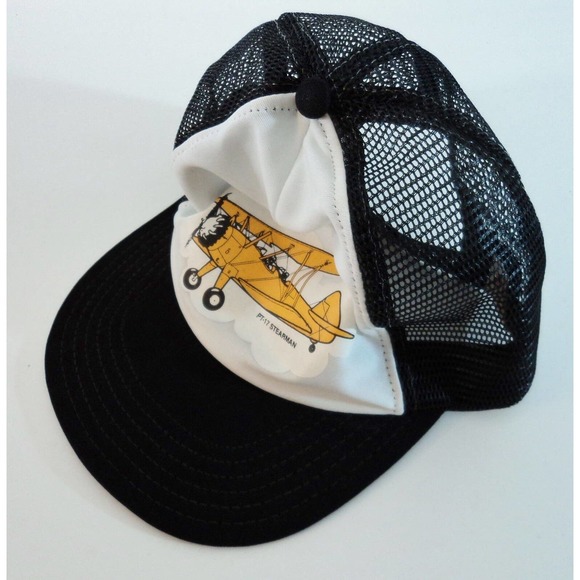 PT-17 Stearman Biplane Airplane Snap Back Trucker Hat Cap Mesh Yellow and Black - Picture 7 of 11